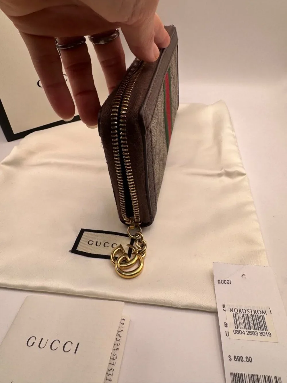 Authentic Gucci Ophelia Wallet Zip Around Web Stripe W Box and Dust Bag